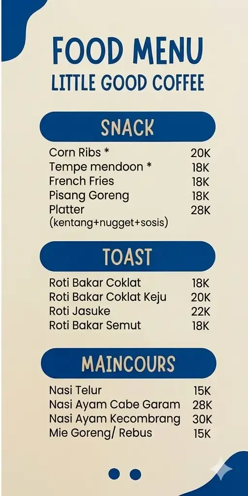Daftar menu makanan di Little Good Coffee yang terdiri dari kategori Snack, Toast, dan Maincourse.
