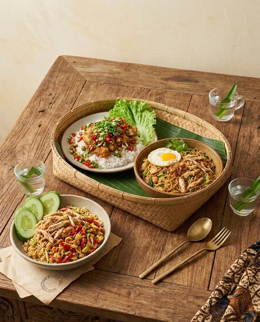 Pilihan menu utama (maincourse) di Little Good Coffee, terdiri dari Nasi Ayam Cabe Garam, Nasi Ayam Kecombrang, dan Mie Goreng, disajikan dengan presentasi yang autentik dan menggugah selera.