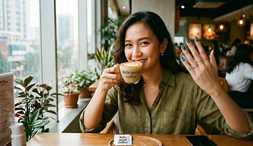 backlink nail gel OOTD estetik seorang wanita di area outdoor Little Good Coffee, salah satu coffee shop Denpasar yang instagramable.